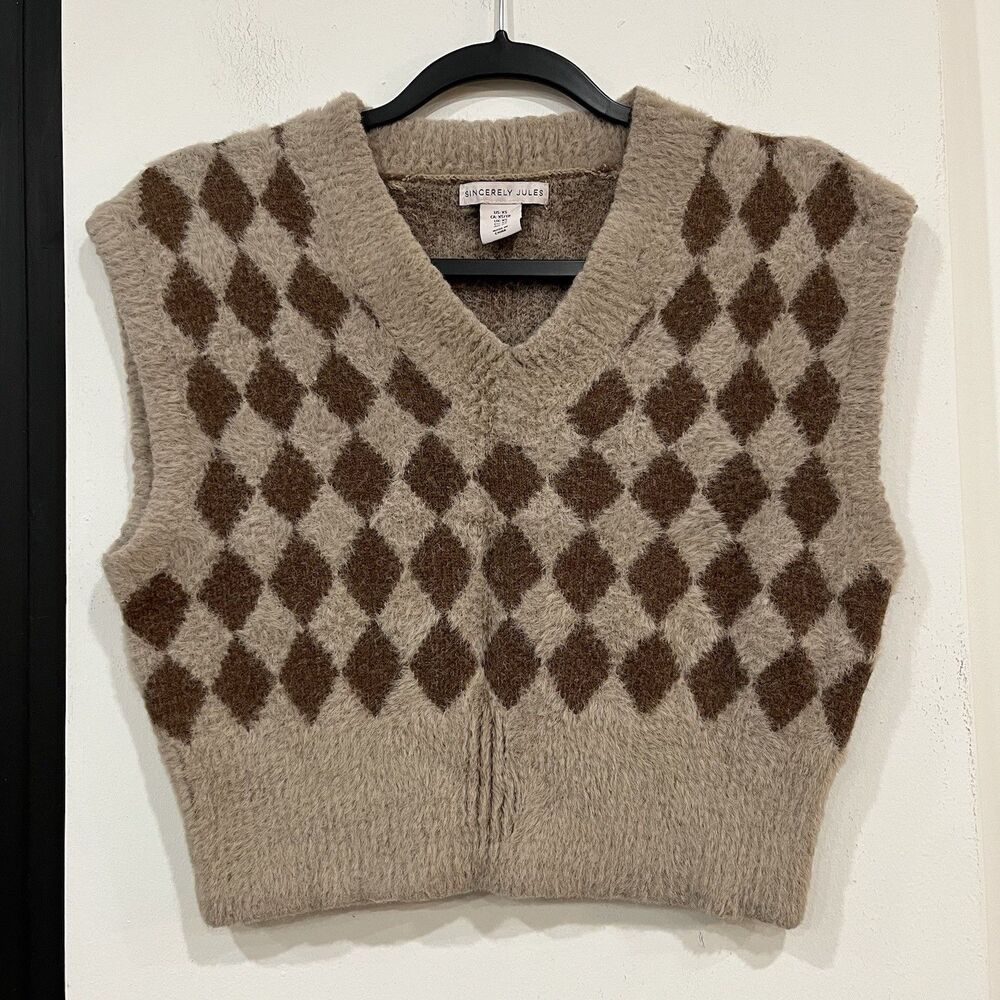 Sincerely Jules Brown Argyle Diamond Fuzzy Sweater Vest V Size XS Preppy